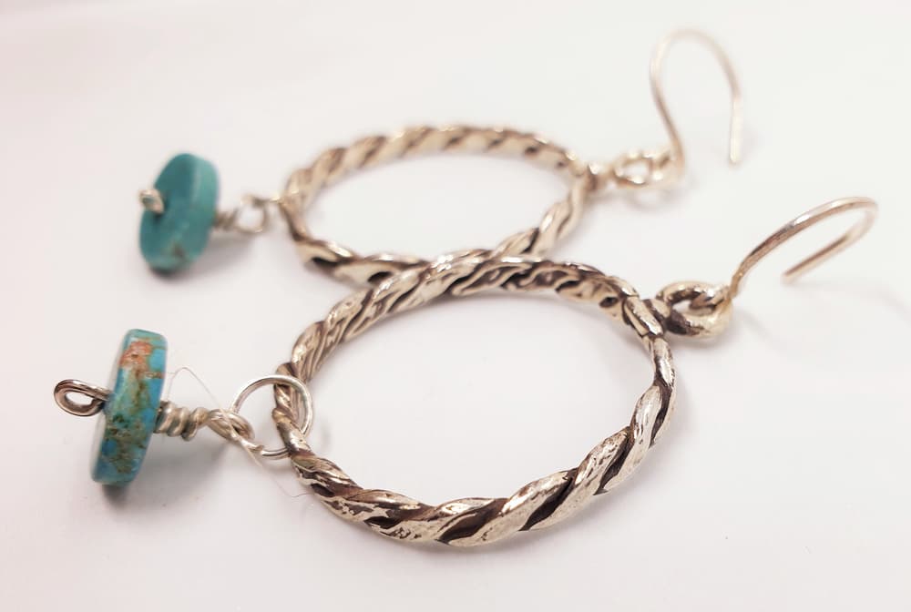 Braided silver earring with dangling flat turquoise-1