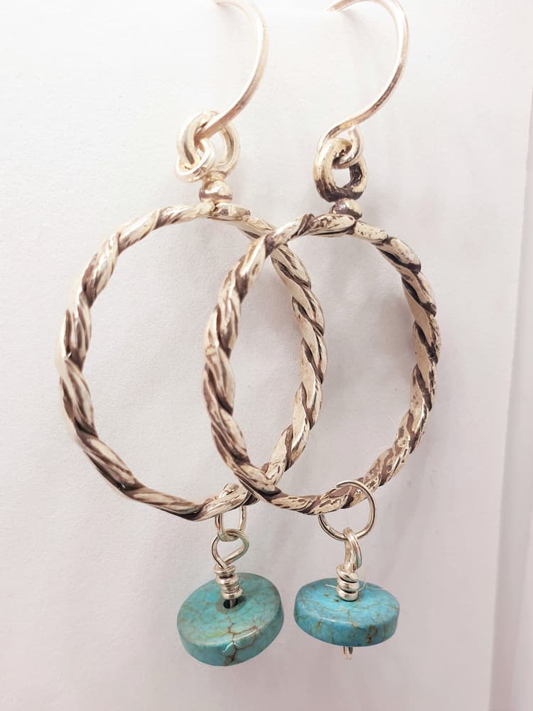 Braided silver earring with dangling flat turquoise-2