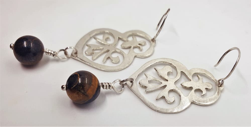 Ornamental design silver earring with dangling tiger eye-1
