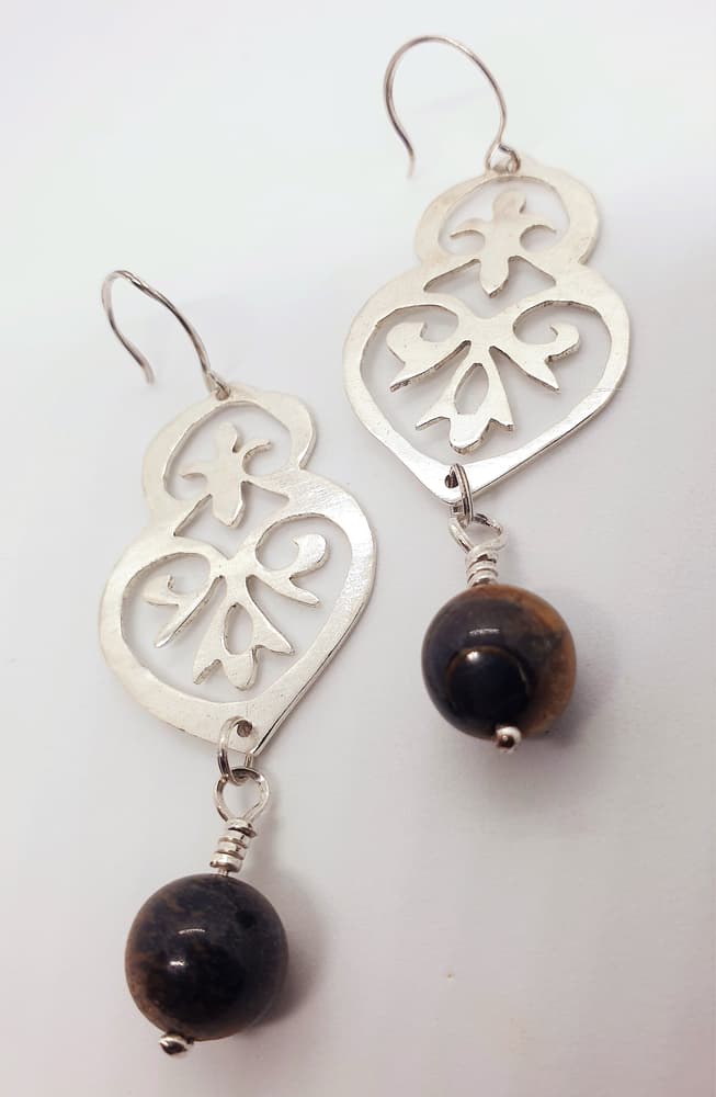 Ornamental design silver earring with dangling tiger eye-2