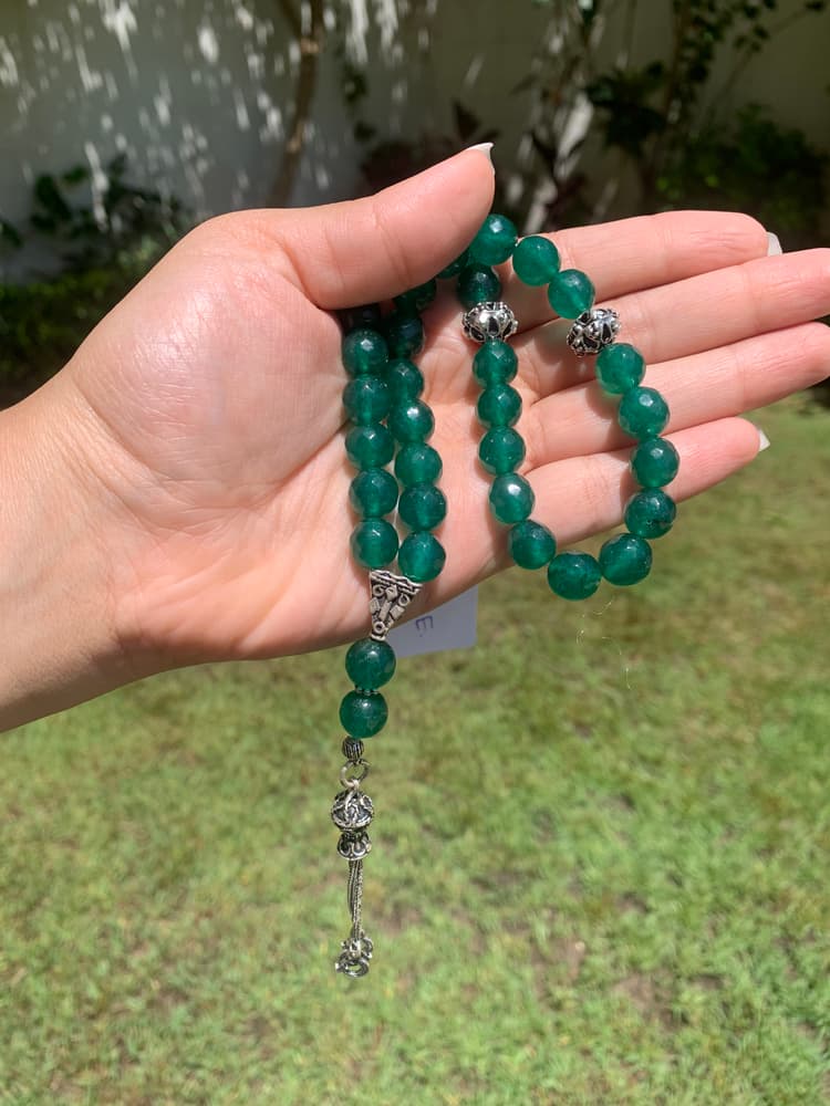 silver rosary green agate 