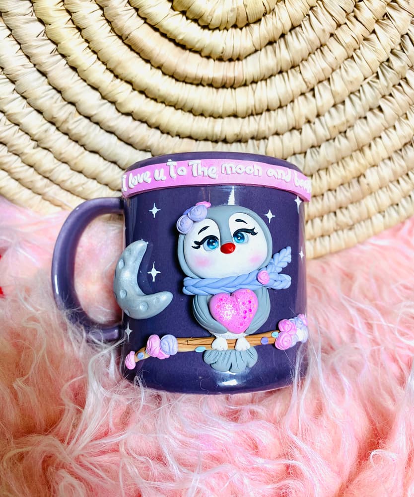 Cute owl with moon and flowers on Purple mug 