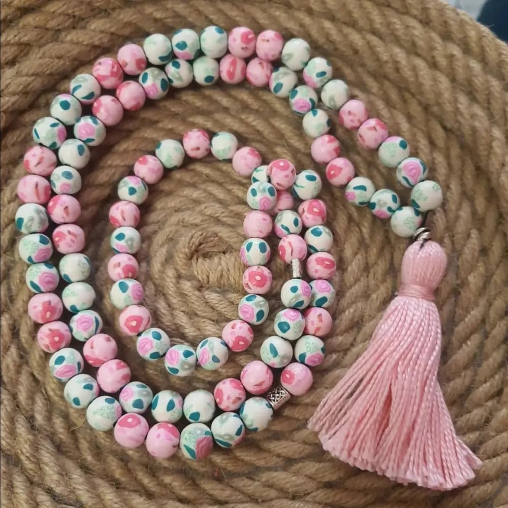 indian clay rosary 99 beads 10 ml - pink and white