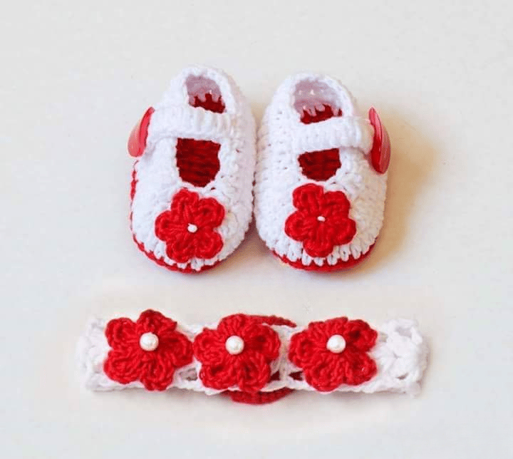 Handmade Baby Set ( Shoes + Headband) - Roses - Red - Cotton