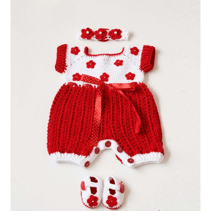 Handmade Baby Set - Roses Style - ( Overall + Shoes + Headband ) - Cotton - Red & White