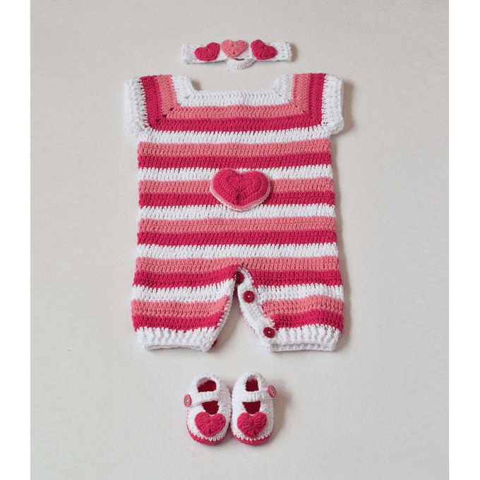 Handmade Baby Set - Hearts Style - ( Overall + Shoes + Headband ) - Cotton - Pink & White - 0:3 months