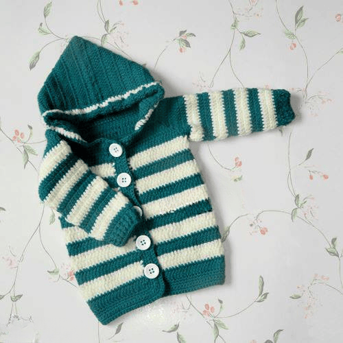 Handmade baby sweater with head cover - wool - green & offwhite - size : 12-18 months