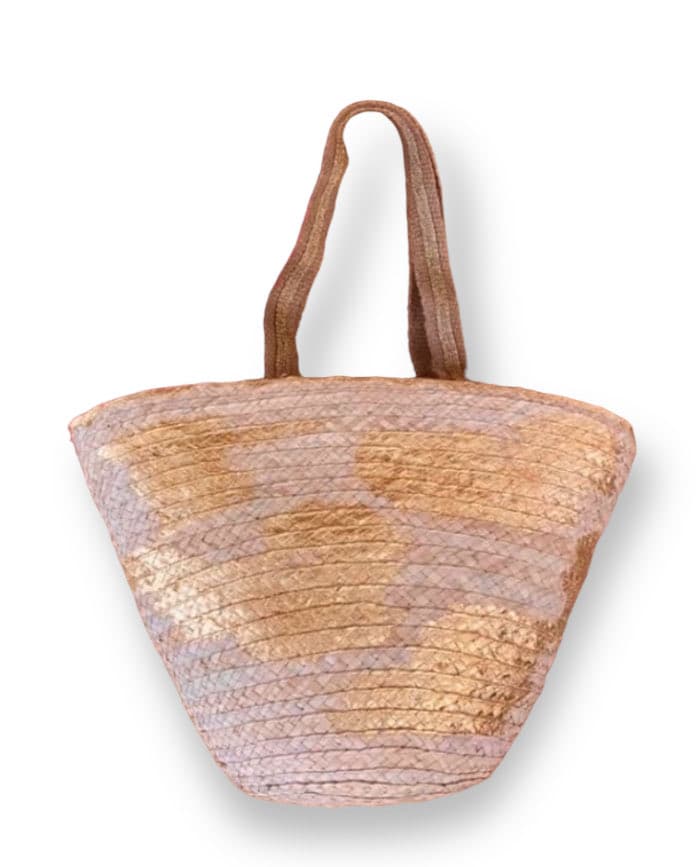 Gold patches straw beach bag