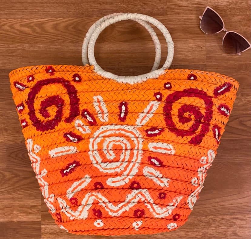 Orange Tribal large Straw beach bag
